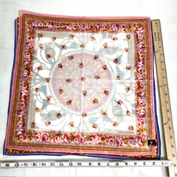 New  Set of 2 Handkerchief/Mini Scarfs Valentino, cotton 18" red pink floral(25) - Picture 10 of 10